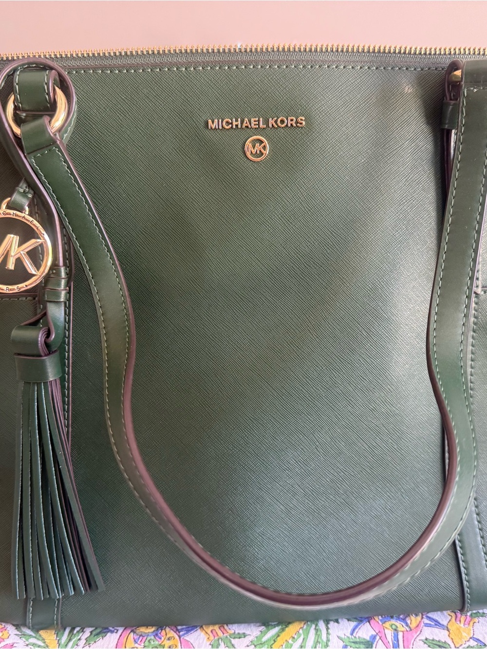 Michael Kors Dark Green Saffiano Leather Tote with Tassel